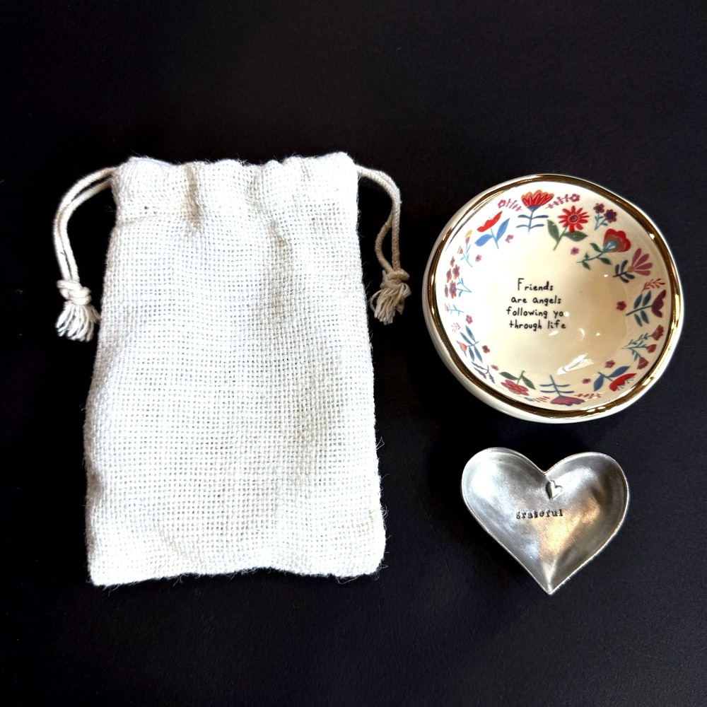 New Natural Life Gift Set Pewter Heart Trinket Dish Lisa Leonard Floral Ceramic